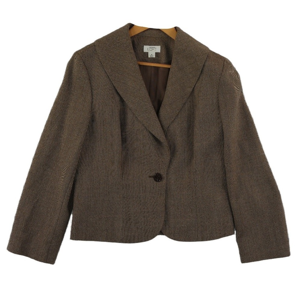 Ann Taylor Loft Blazer Women's Size 14 Brown Tweed Shawl Collar Button Jacket